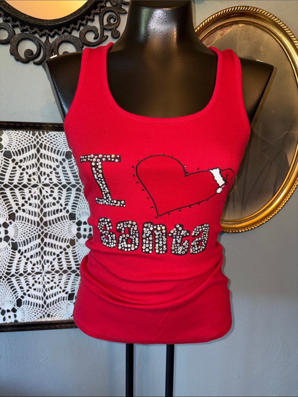 INC International Concepts Red Rhinestone 'I Love Santa' Ribbed Tank